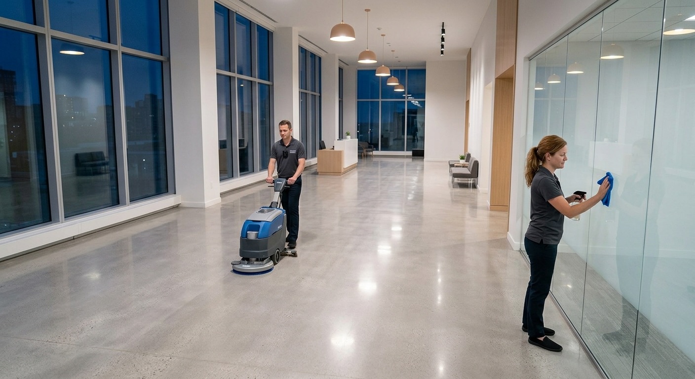 Custodial team scrubbing the floor and cleaning glass walls in a modern office lobby