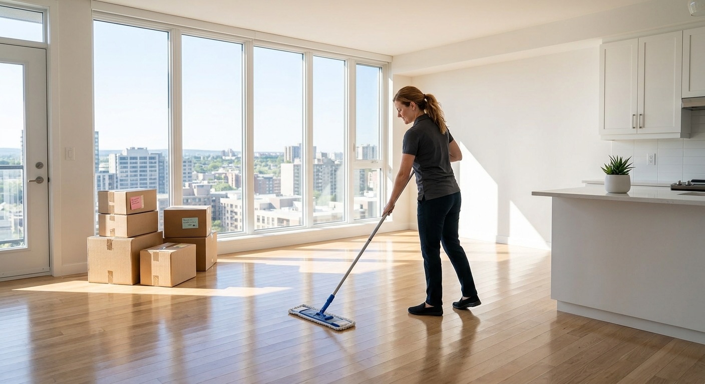 Cleaner mopping the hardwood floor of an empty, sunlit apartment during a move-out clean