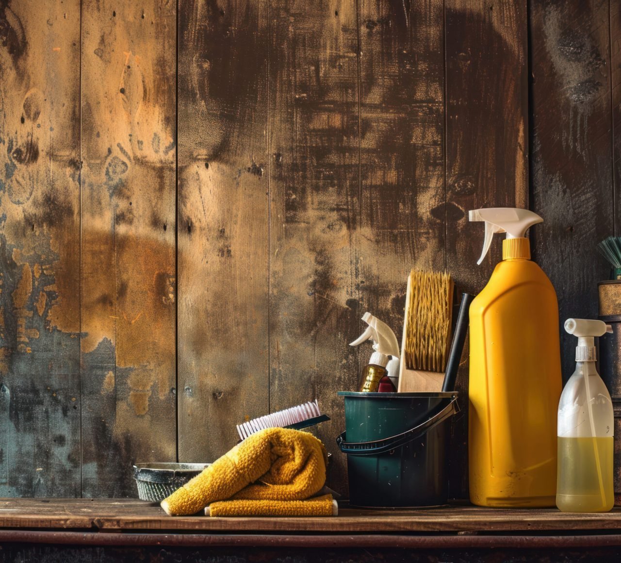 Cleaning supplies on a wooden shelf against a rustic background.