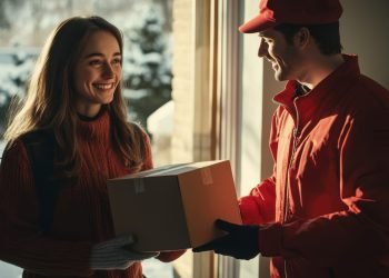 In front of her door, a smiling woman receives a box from a delivery person in a red uniform. Soft light from a nearby window creates gentle shadows, adding a cozy touch to the scene